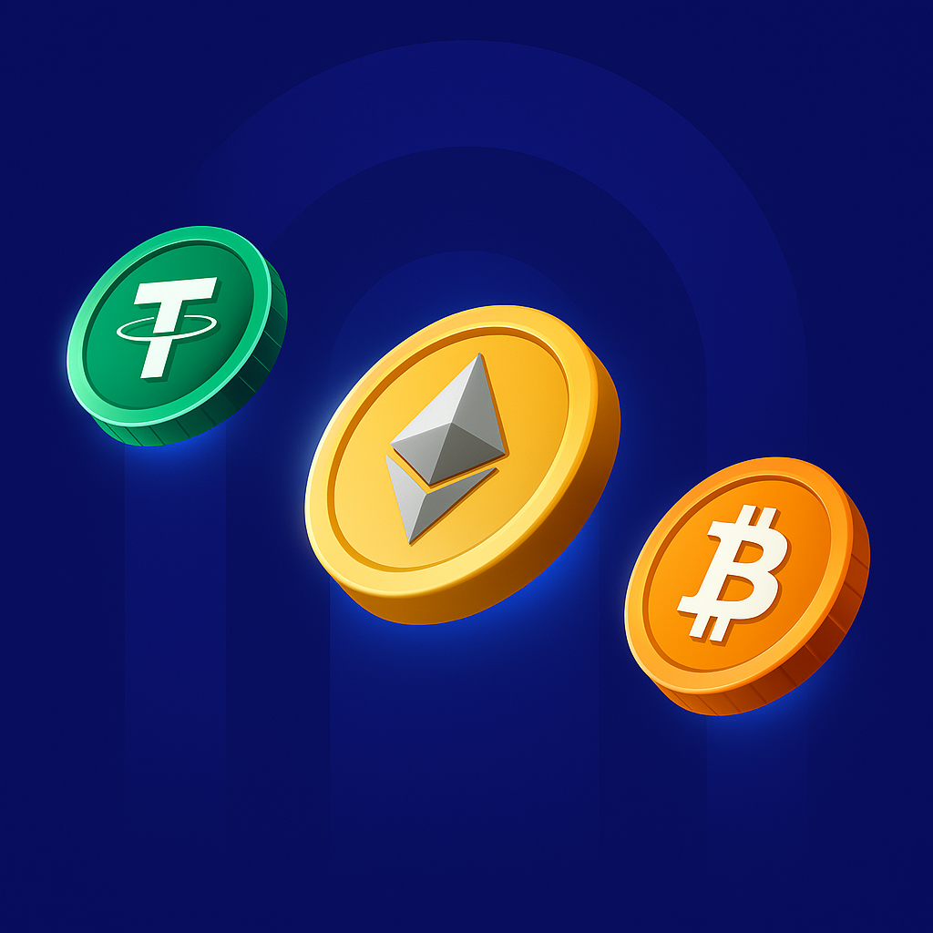 Three coins, BTC, ETH and USDT floating upwards